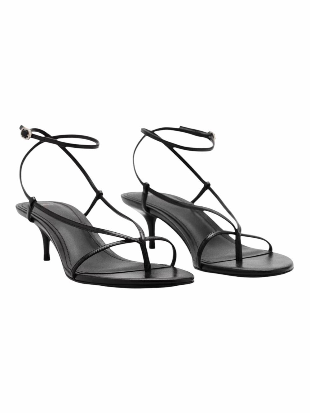 Mango Thong Heeled Sandals with Ankle Wrpa Strap Black Size 39/ 8.5